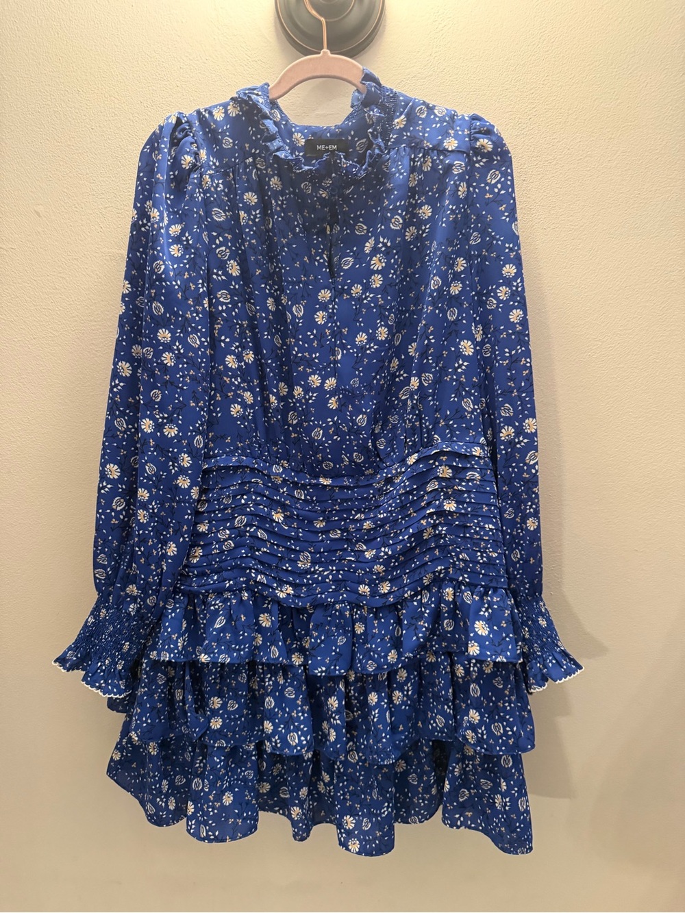 ME+EM Royal Blue Daisy Print Shirred Mini Dress Ruffle Tiered US 10 UK 14